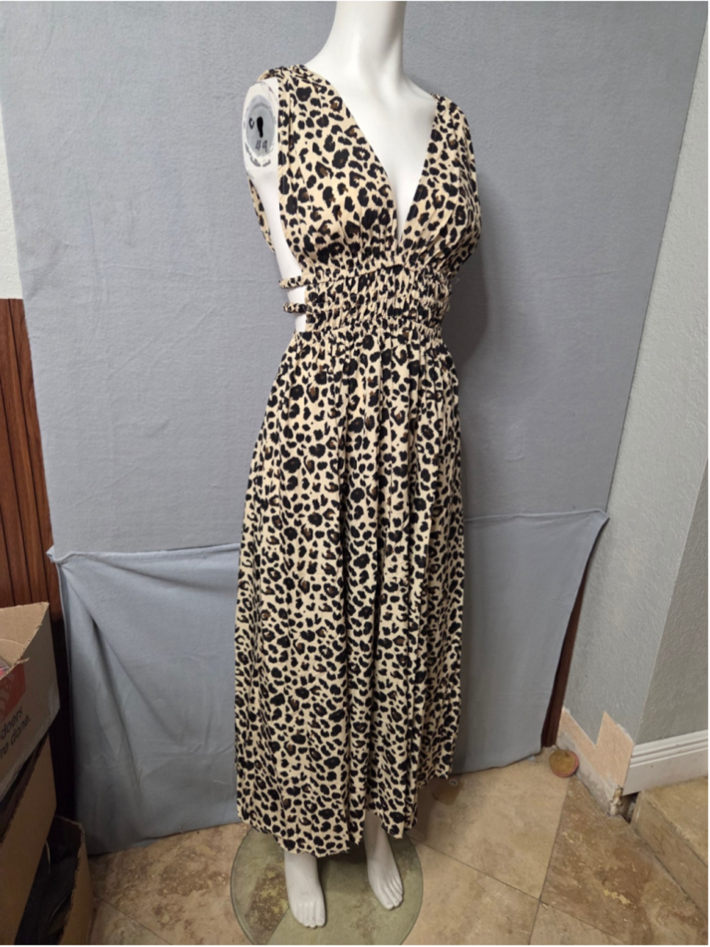 Women's Blush Leopard Print Maxi Dress Size M Beige Black